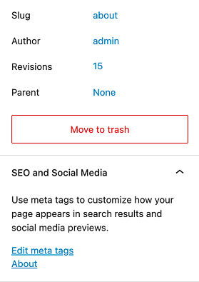 SEO and Social Media section expanded in the page settings sidebar.