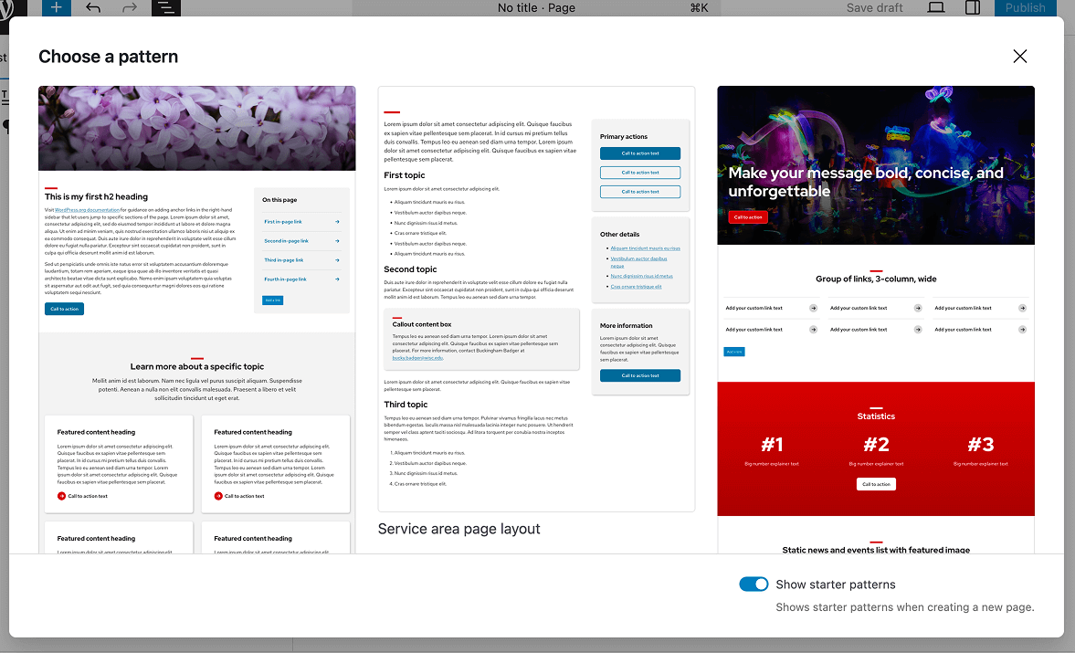 Starter pattern selection modal displaying page layout patterns, with a toggle option to show or hide starter patterns when creating a new page.
