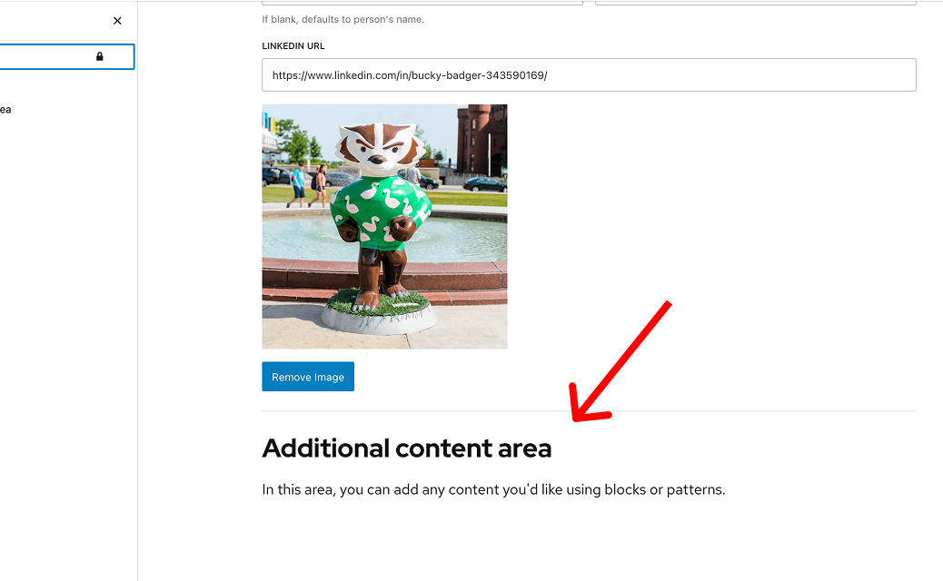 In UW Theme 2.0, add additional content using blocks and patterns below the person's primary fields.