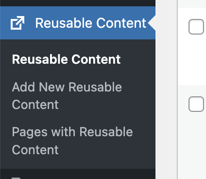 Reusable Content plugin menu settings in the WordPress dashboard in UW Theme Classic