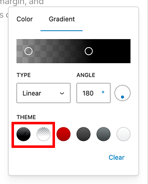 Black and white preset gradients highlighted in the Cover block gradient picker