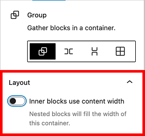 Toggle for inner content width in the Group block under the Layout section in block settings