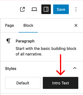 Intro Text style button selected in the Paragraph block settings