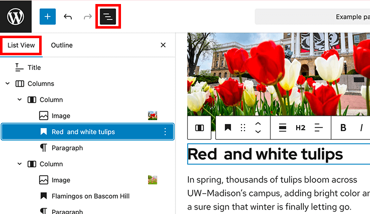 Selecting a Heading block in List View also selects it in the page editor.
