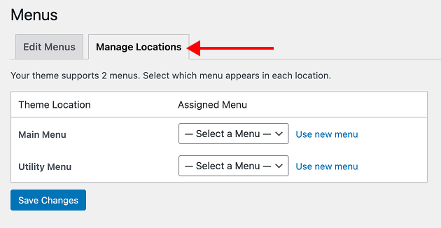 Main Menu and Utility Menu display location options under the Manage Location tab.