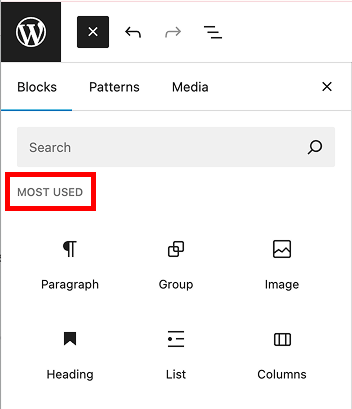 Block Inserter showing a “Most Used” section with a list of frequently used blocks.