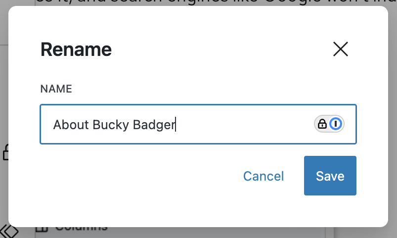 Rename modal includes an input field for changing block name in List View to keep page sections organized.