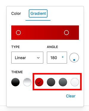 Four solid gradient presets highlighted in the Cover block gradient picker