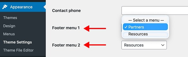Theme settings dropdowns for selecting Footer menu 1 and Footer menu 2.