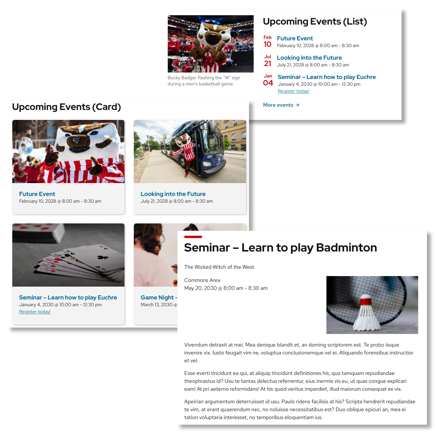 The two options of an events list layout, and an individual Event post.
