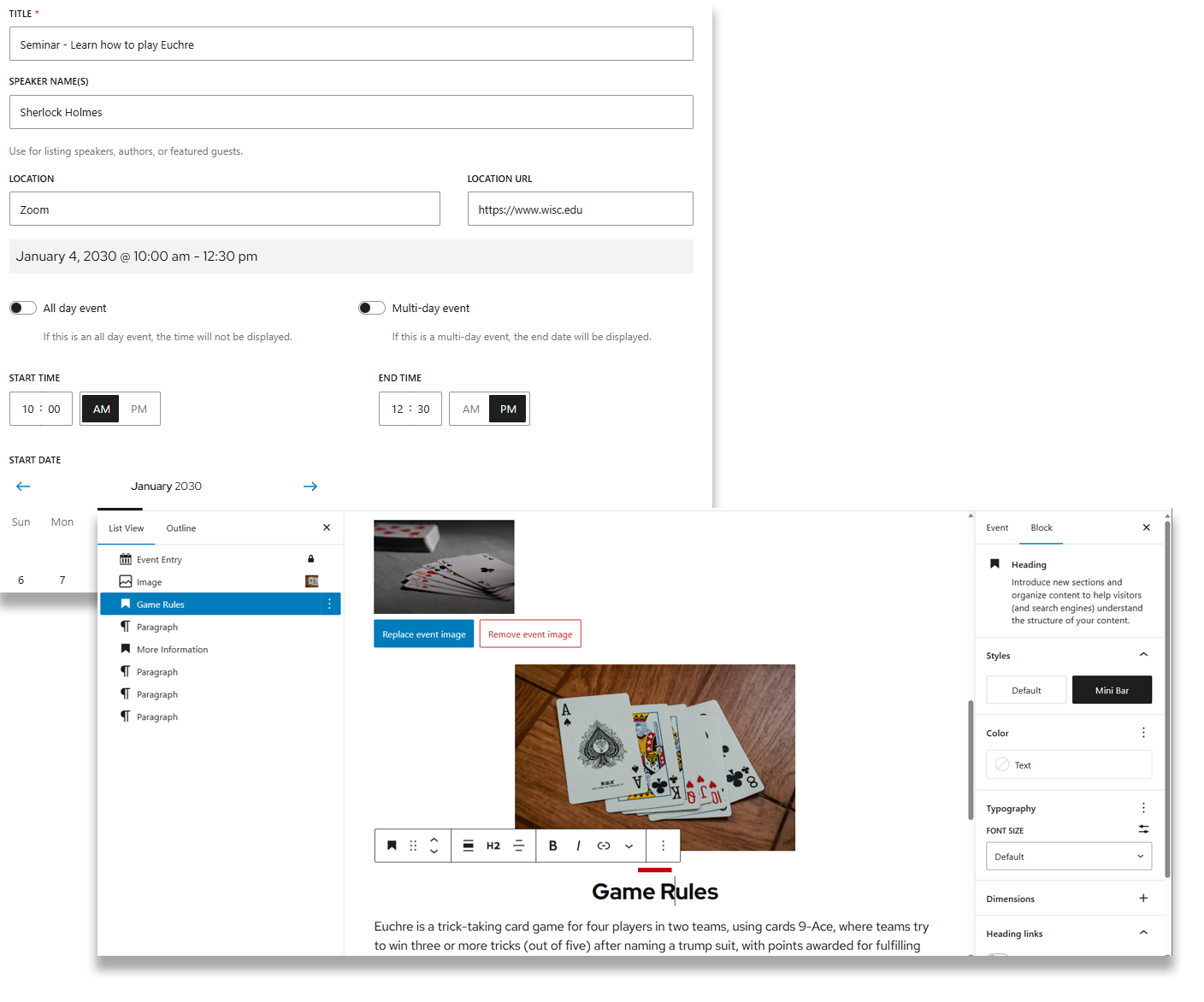 Two layered photos, one shows the list of input fields for events data and the other is an example of additional content that can be added to an event.