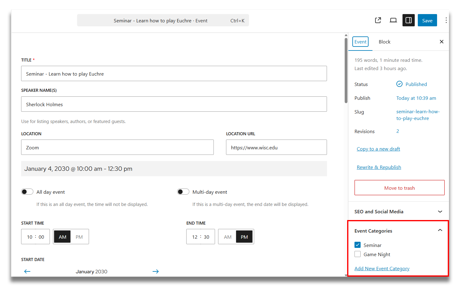 Events categories are outlined with a red box, highlighting where to add them an event when creating it.