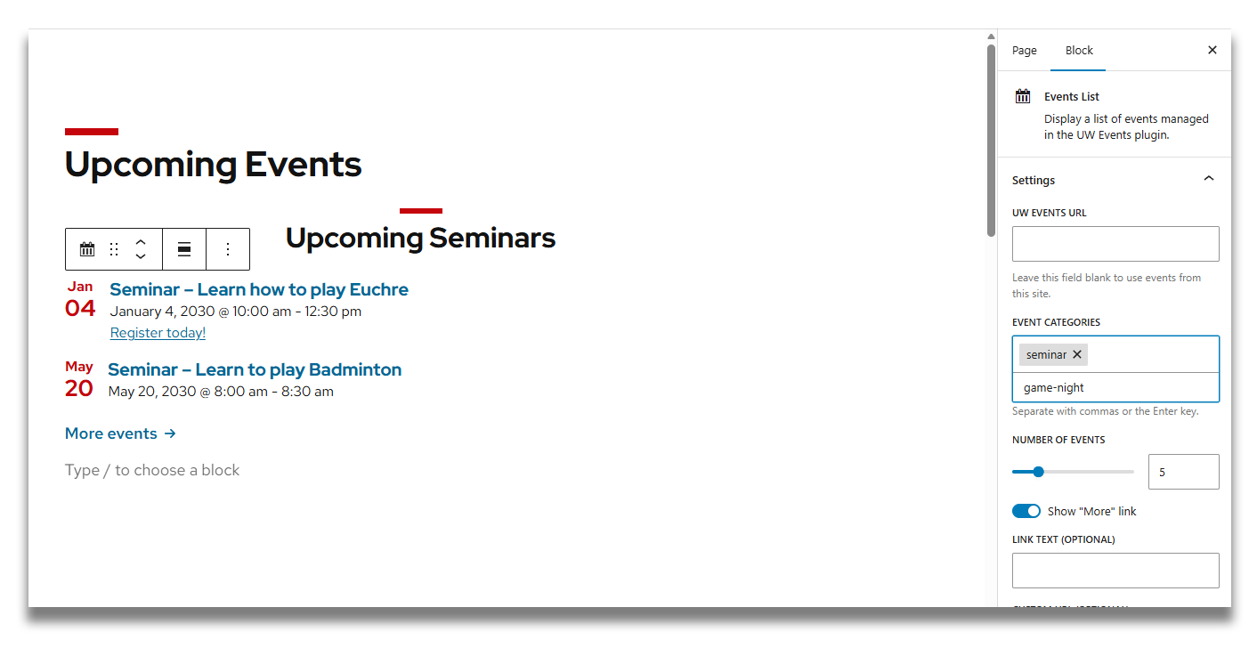 An events list block with settings is shown, with the Event Categories option being selected on the right.