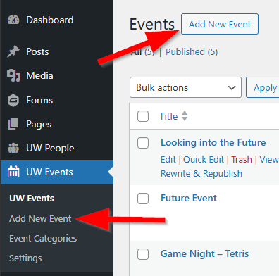 Two “Add New Event” links shown in the UW Events plugin heading and side menu.