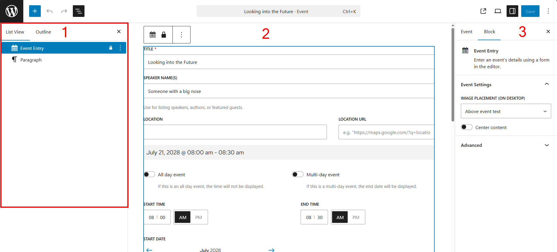 Edit Event screen with main editor, List View, and Page Settings sidebar.