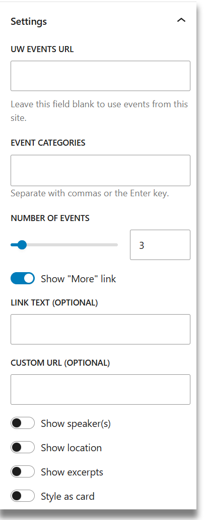 The Events List settings screen, described in the text
