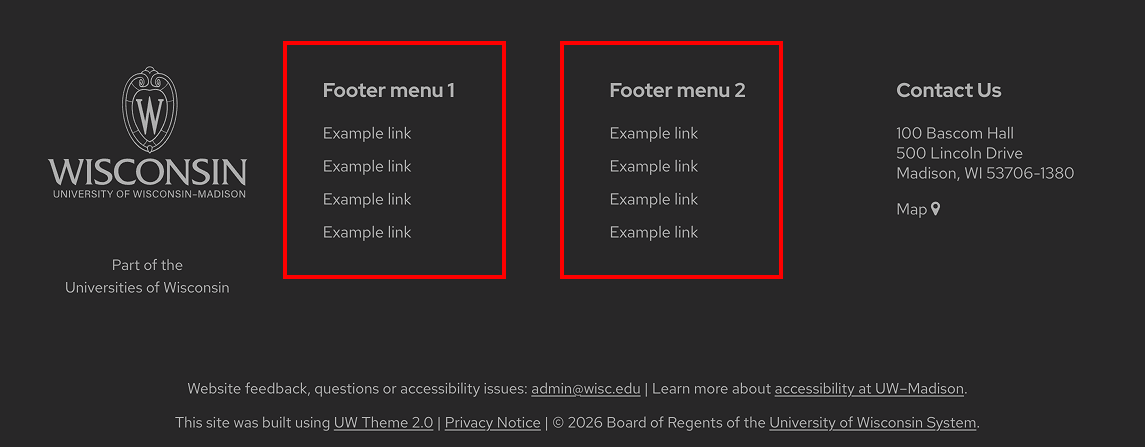 UW Theme 2.0 footer with the UW logo on the left, two highlighted menu columns in the center, and a contact column on the right.