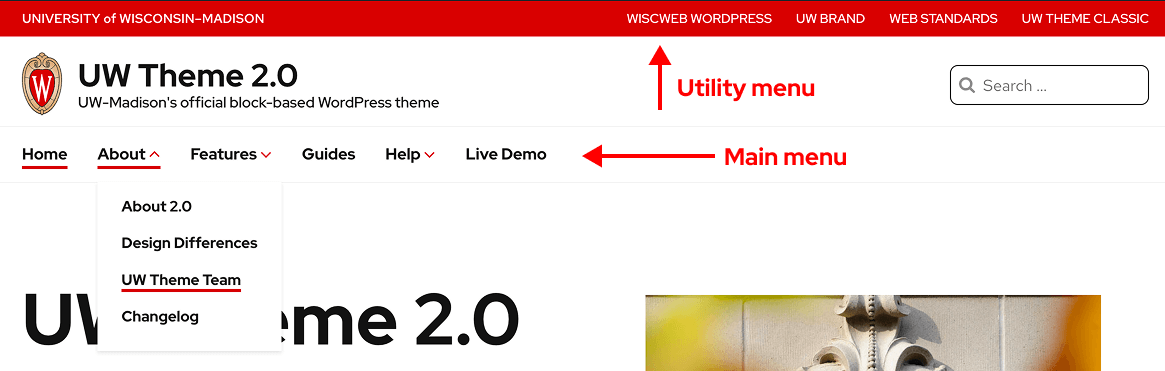 UW Theme 2.0 header showing the Utility menu above the site title and the Main menu below it.