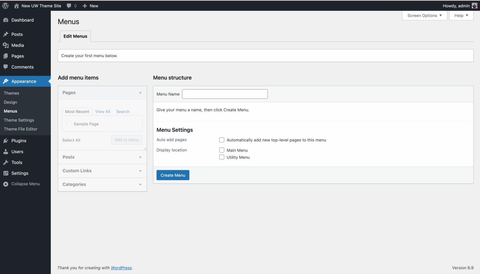 WordPress dashboard Menus screen under Appearance, showing the menu name field, Create menu button, and display location checkboxes for Main menu and Utility menu.
