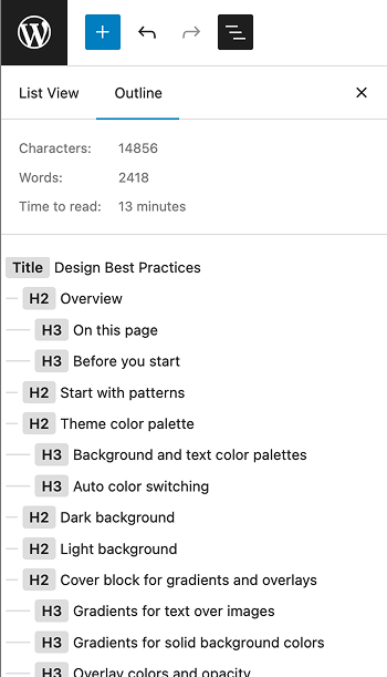 Document Outline view of the design best practices page showing heading levels H1 through H3