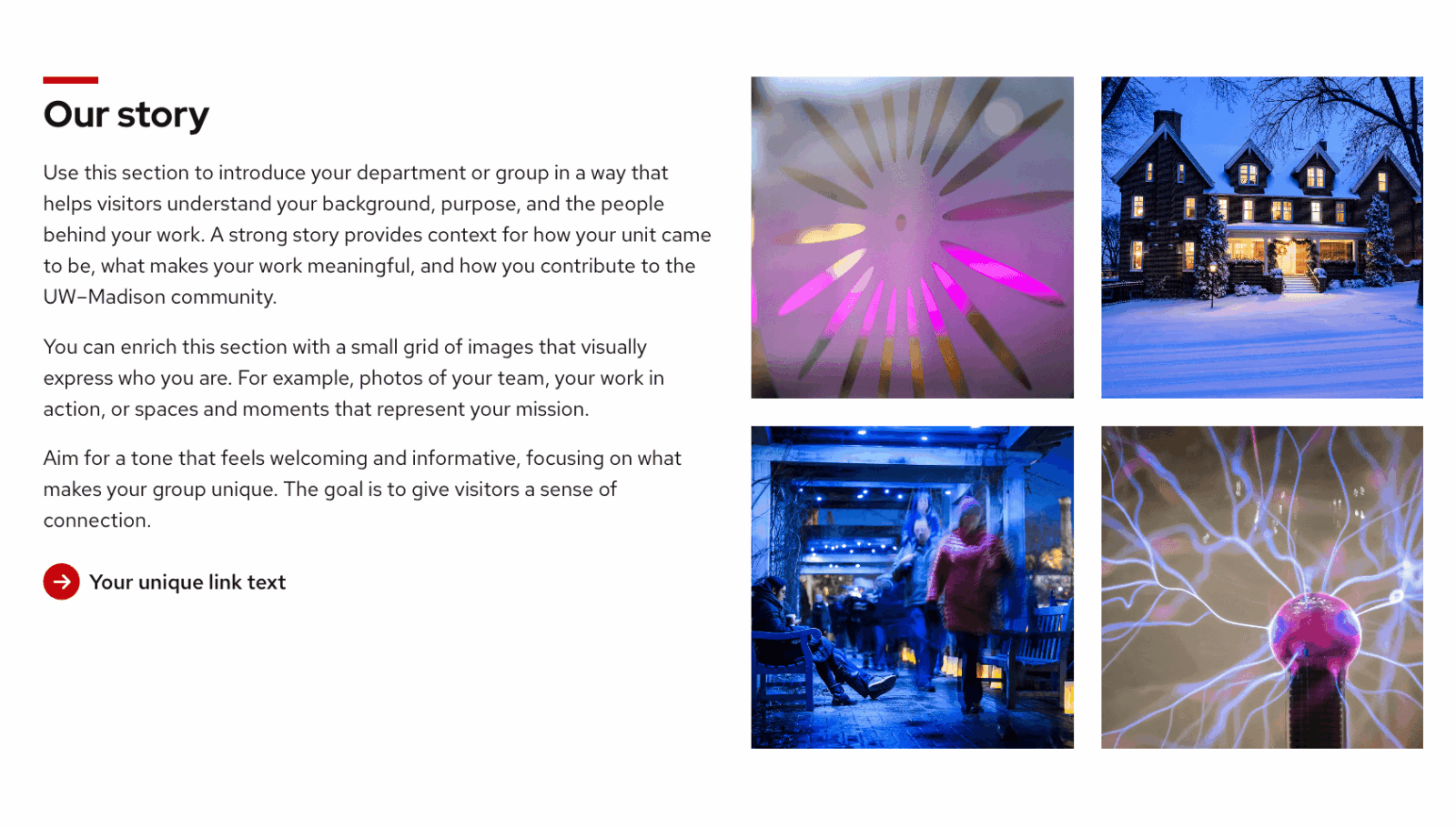 Example of the 4‑image grid with left content pattern, showing text on the left and a four‑image gallery on the right.