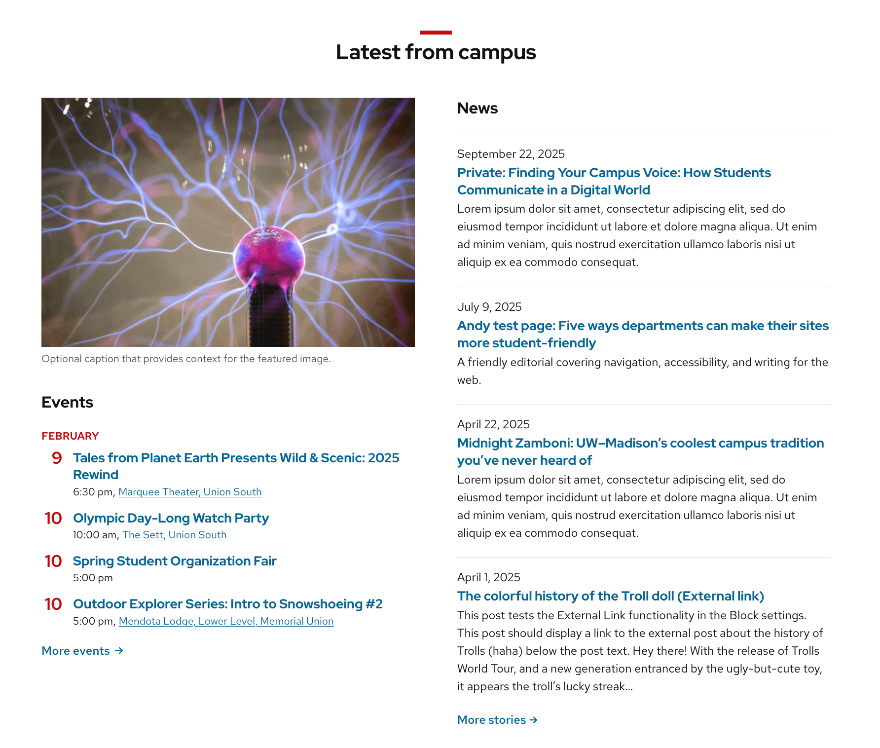 Example of the post listing layout showing a featured image, an events list, and a column of recent news posts