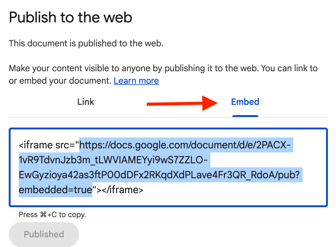 Google Docs embed url  highlighted in between the src attribute under the Embed tab. 