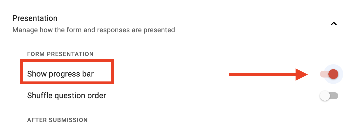 Show Progress Bar toggle under the Presentation section of the form settings