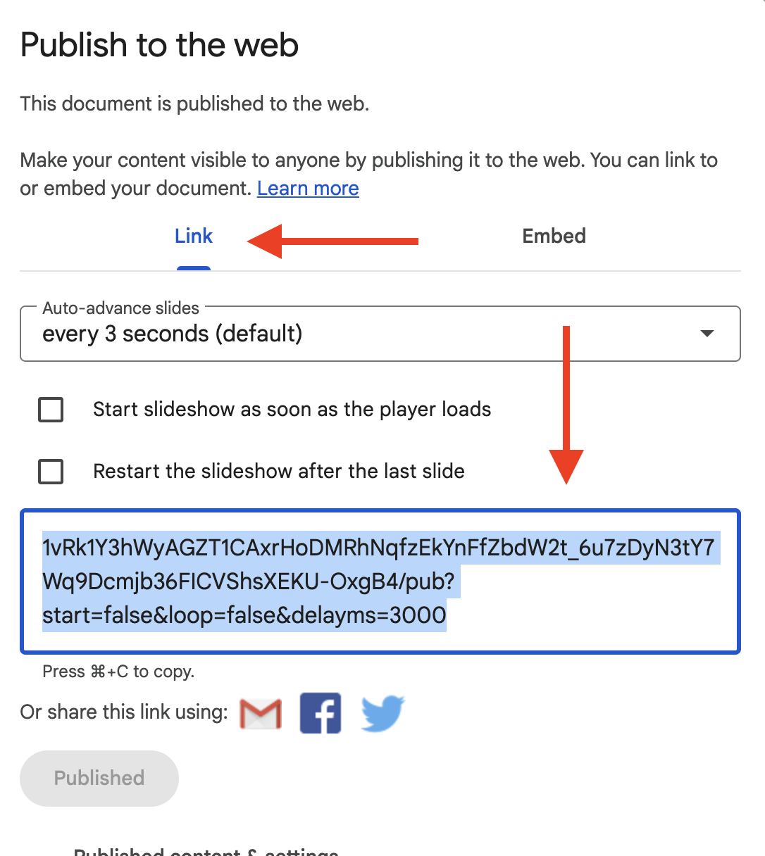 Copy the public link URL under the Link tab, not the link under the Embed tab.