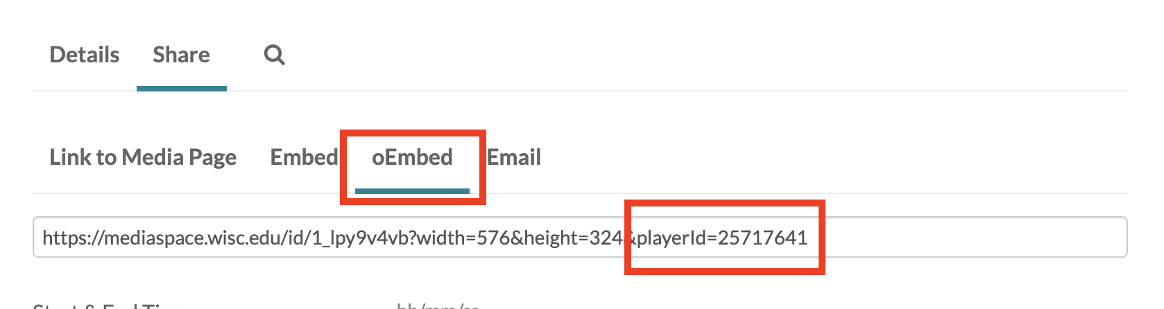 oEmbed tab with the Kaltura embed URL displayed and the playerID parameter highlighted in URL