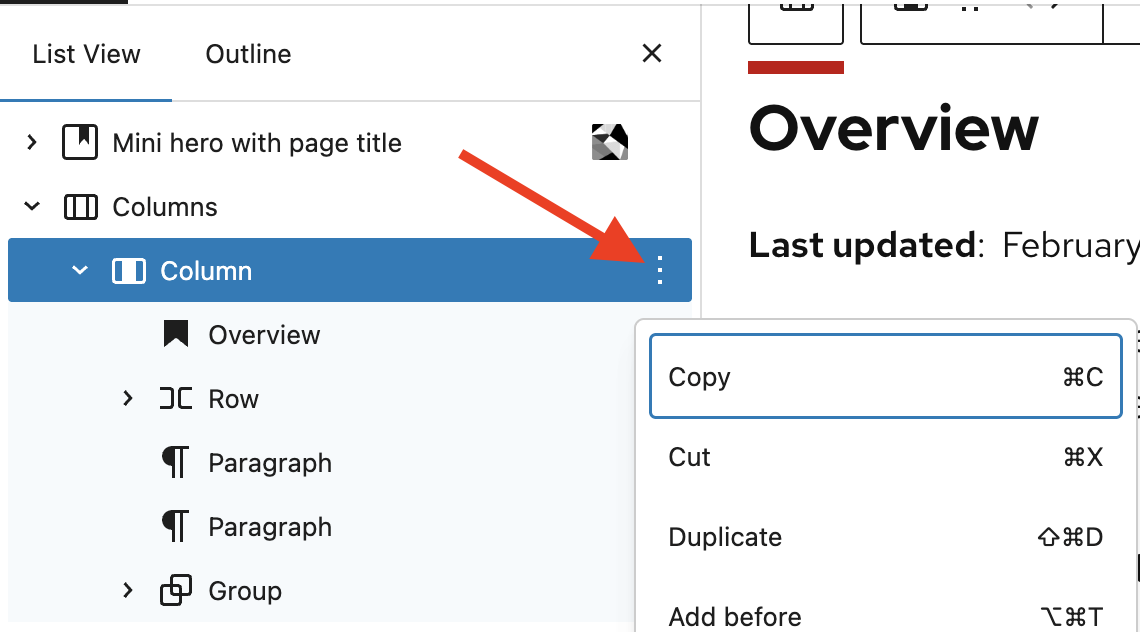 Clicking on the three-dot "Options" menu in List View displays a drop down of actions you can select for individual blocks.
