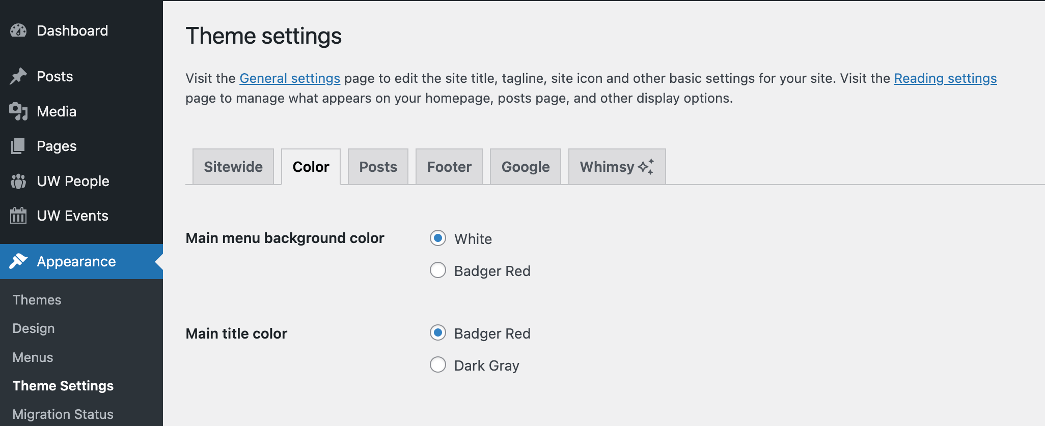 Options in the Colors tab of the Theme Settings screen for changing the main menu background and site title colors.