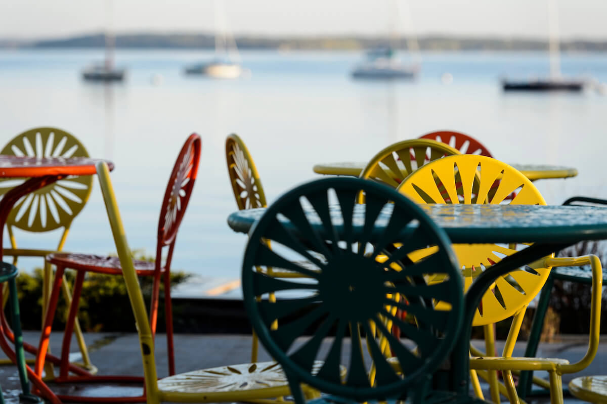 Morning dew covers Memorial Union Terrace chairs and tables