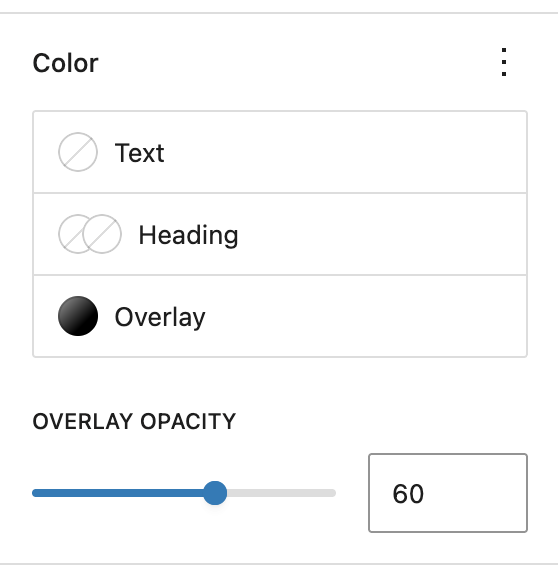 Text, Heading, Overlay, and Overlay Opacity slider controls in the Cover block.