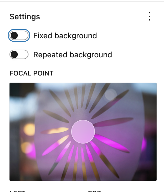 Fixed background, Repeated background, and Focal point picker in the Cover block settings. 