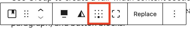 Cover block toolbar with the change content position highlighted (6-dot grid)