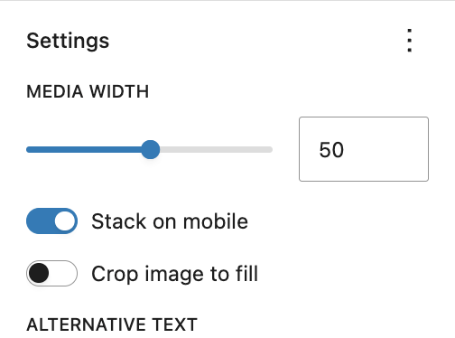 Media & Text block settings sidebar including a the media text slider, and radio selections for stacking on mobile and cropping the image to fit.