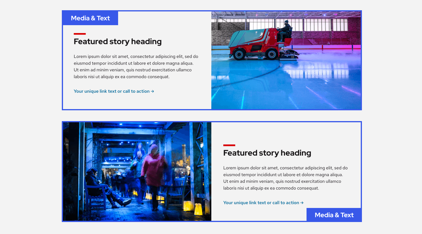 Screenshot showing two Media & Text blocks stacked vertically. The first shows text on the left and a photo of an ice resurfacing machine on the right. The second shows a photo of a nighttime outdoor event on the left and text on the right. Both blocks are outlined in blue with the Media & Text label visible.