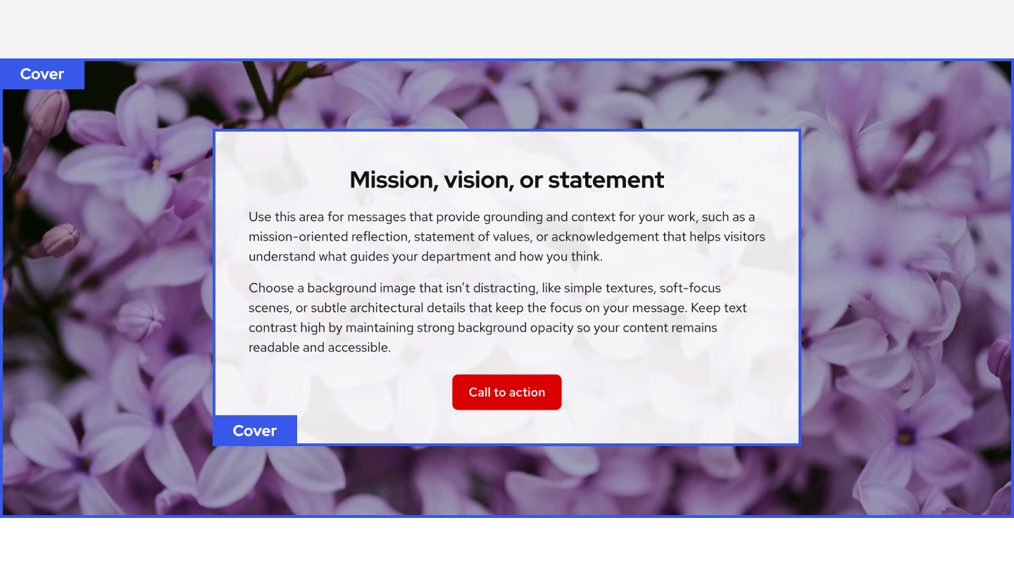 Example of nested cover blocks where the background image is full width and the Cover block inside add a white transparent overlay behind the text for increase contrast.