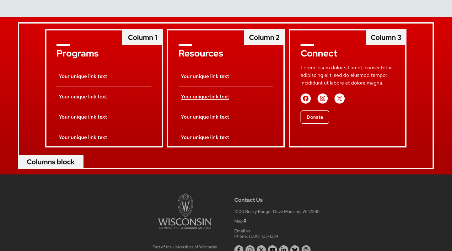 Screenshot of a Columns block in the WordPress editor showing three equal columns on a red background. Column 1 contains a "Programs" heading with a list of links. Column 2 contains a "Resources" heading with a list of links. Column 3 contains a "Connect" heading with body text, social media icons, and a Donate button.