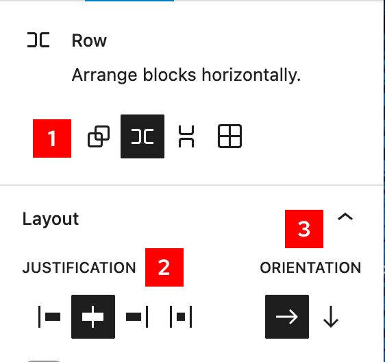 Screenshot of the Row block settings sidebar showing the block description, variation icons, and Layout section with Justification and Orientation controls.