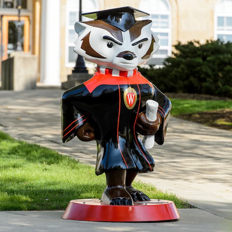 Statue of Bucky in a graduation cap and grown cropped to a square aspect ratio. Bucky is centered in the frame.