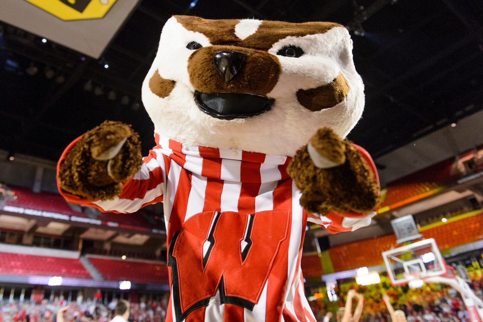 Bucky Badger excitedly pointing at the camera with fans in the background.