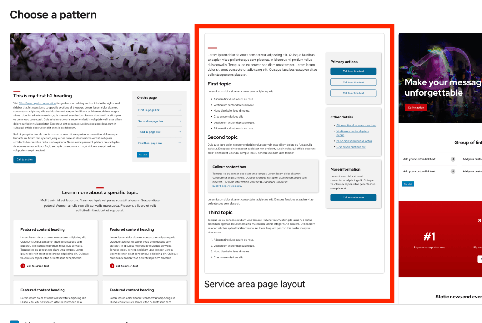 Service area page layout highlighted in the choose a pattern model.
