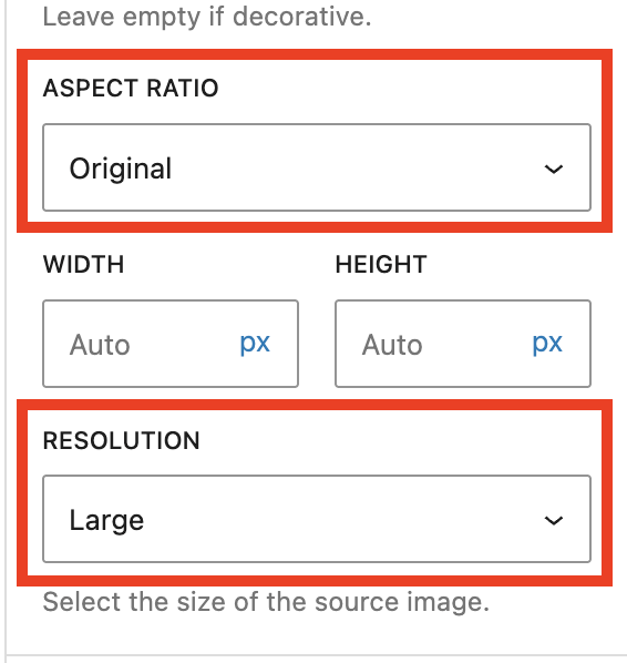 Aspect Ratio and Resolution dropdown selectors in the Image block settings.