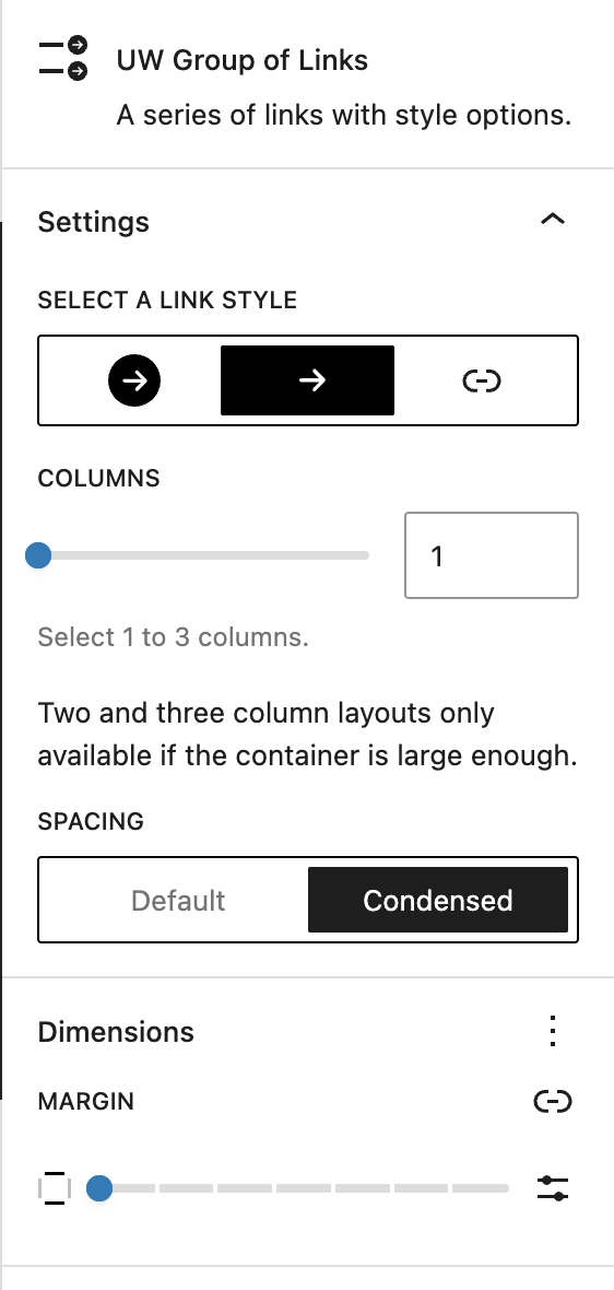 UW Group of Links block settings including arrow styles, columns, and spacing options.