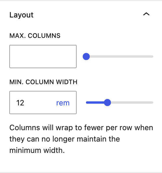 Maximum and minimum column controls in the Grid block layout settings.