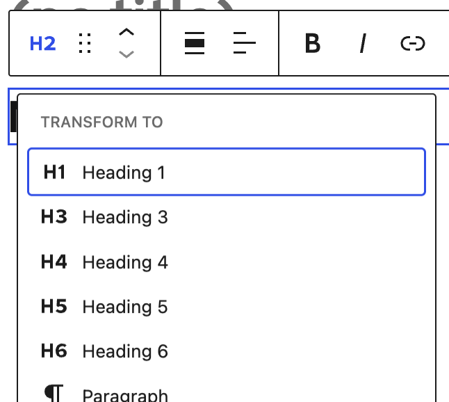Dropdown selection of heading levels one through six in the Heading block.