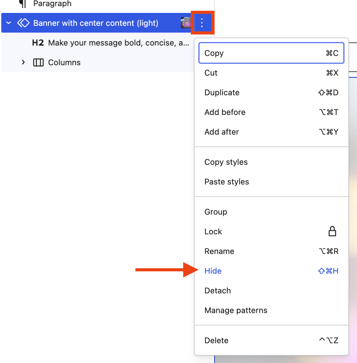 Hide option selected in the dropdown after clicking the More options menu (three vertical dots) in List View