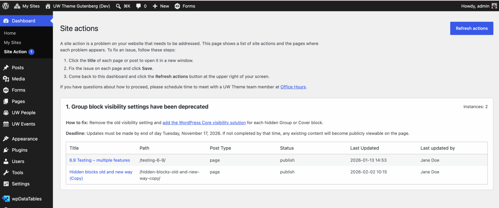Site Actions dashboard showing one action